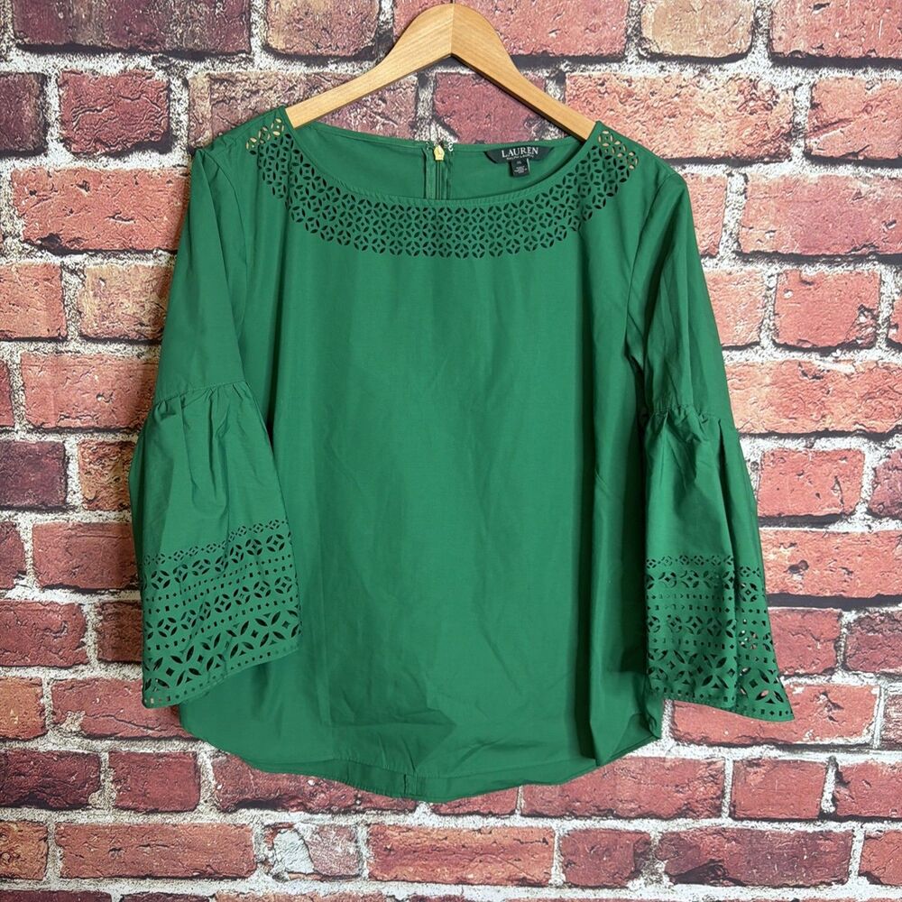 Lauren Ralph Lauren Top Womens XL Eyelet Flared Sleeve Cotton Peasant Boho Green